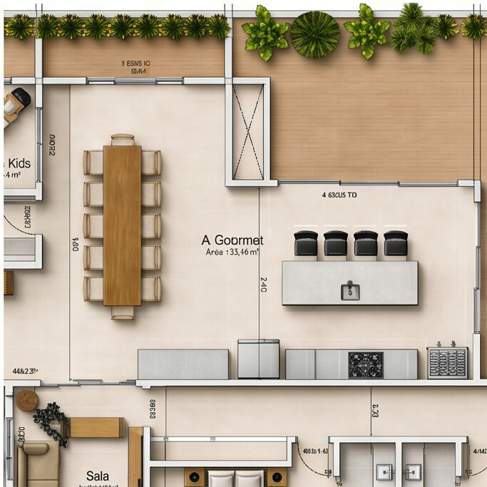 Área gourmet integrada à cozinha com mesa de 10 lugares e ilha