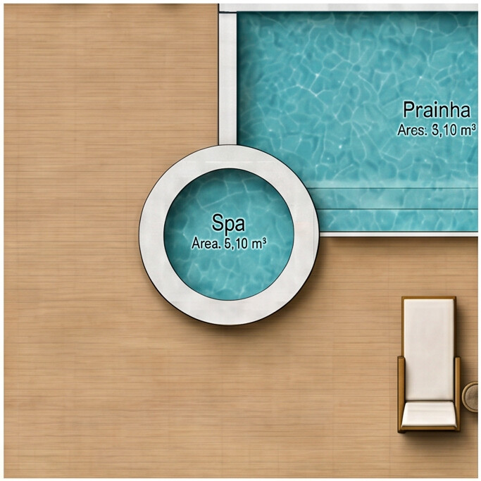 Spa redondo conectado à prainha rasa, com deck e espreguiçadeiras