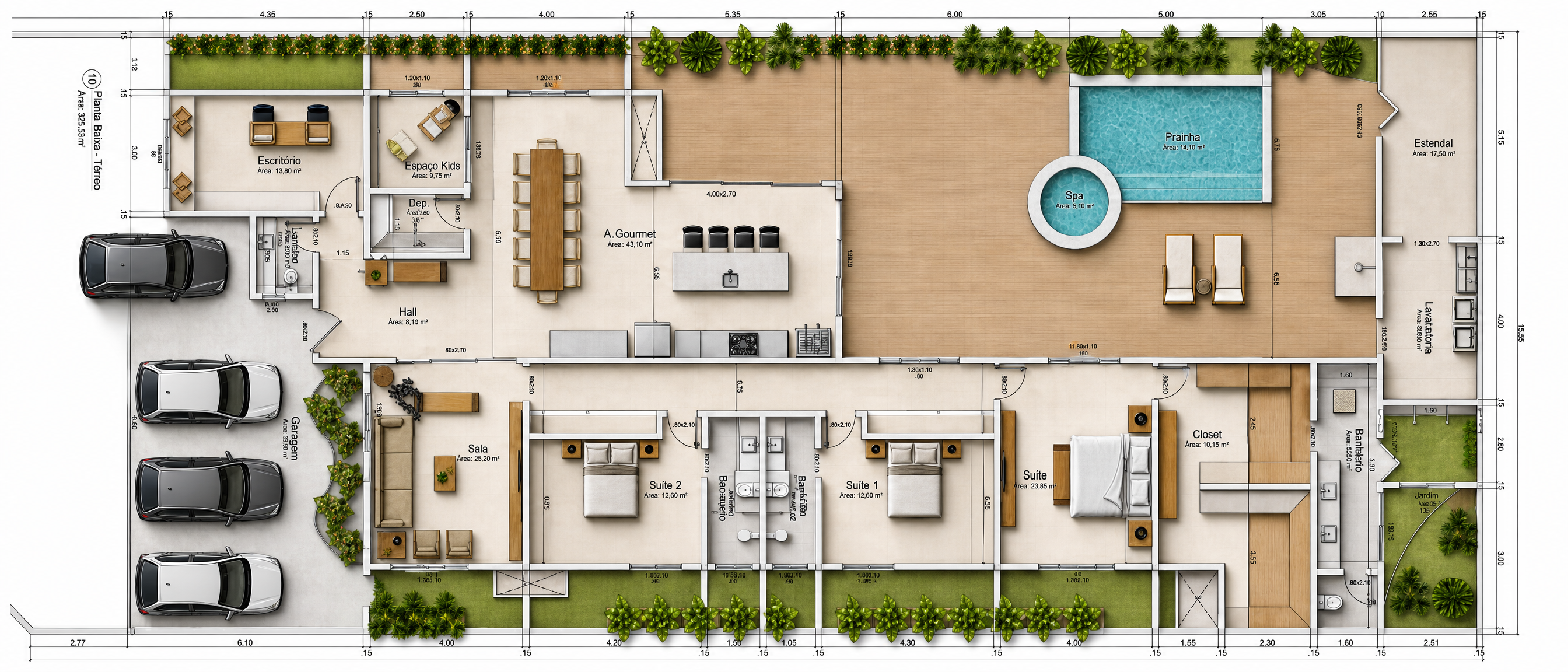 Planta humanizada completa da residência, vista superior
